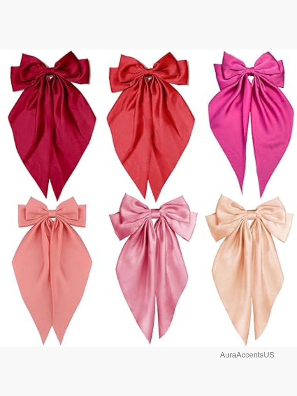 6 Oversized Long Tail Satin Hair Bow Clips Barrettes
